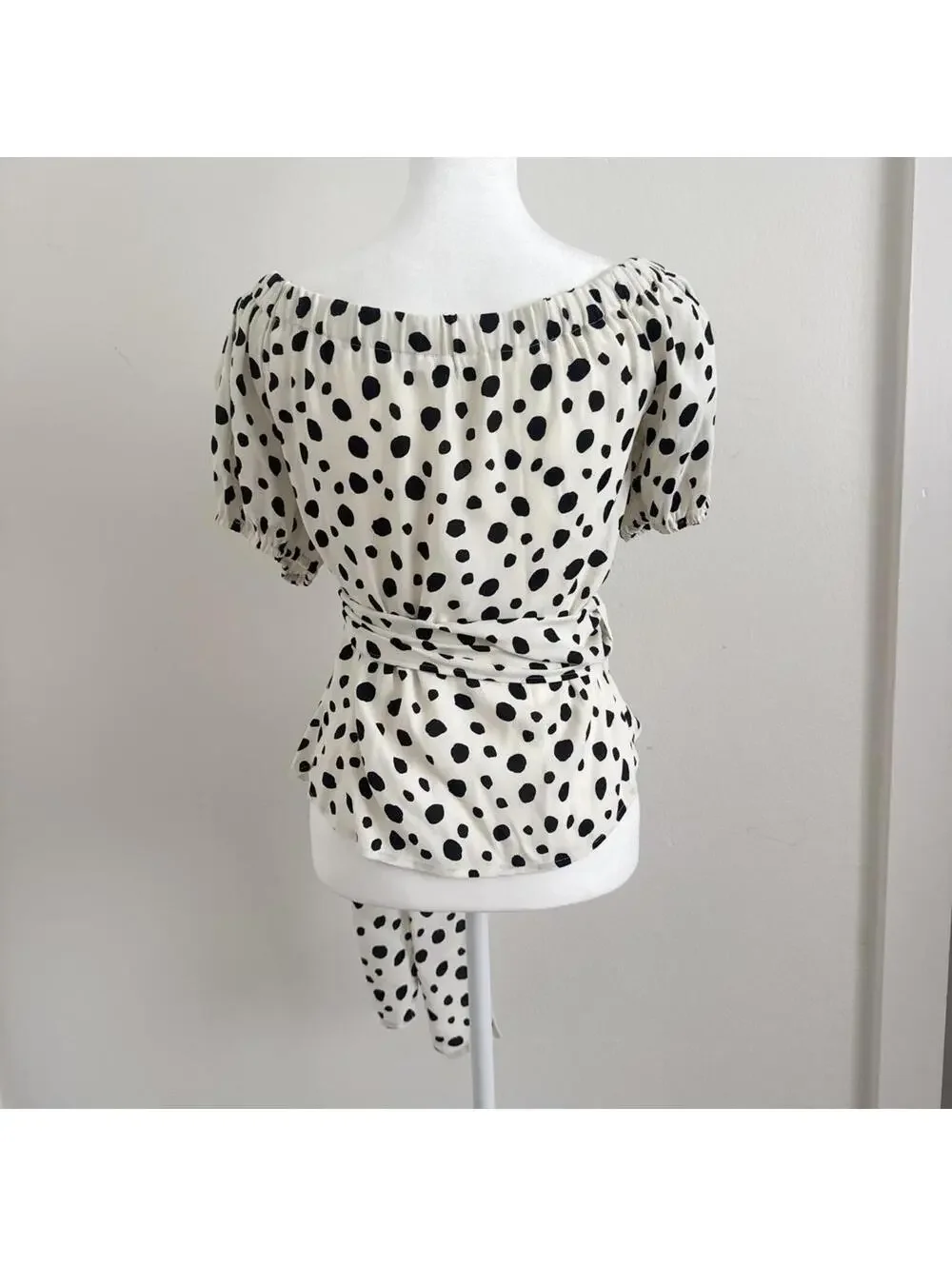 Reformation Lores Off The Shoulder Puff Sleeve Wrap Top in polkadot
